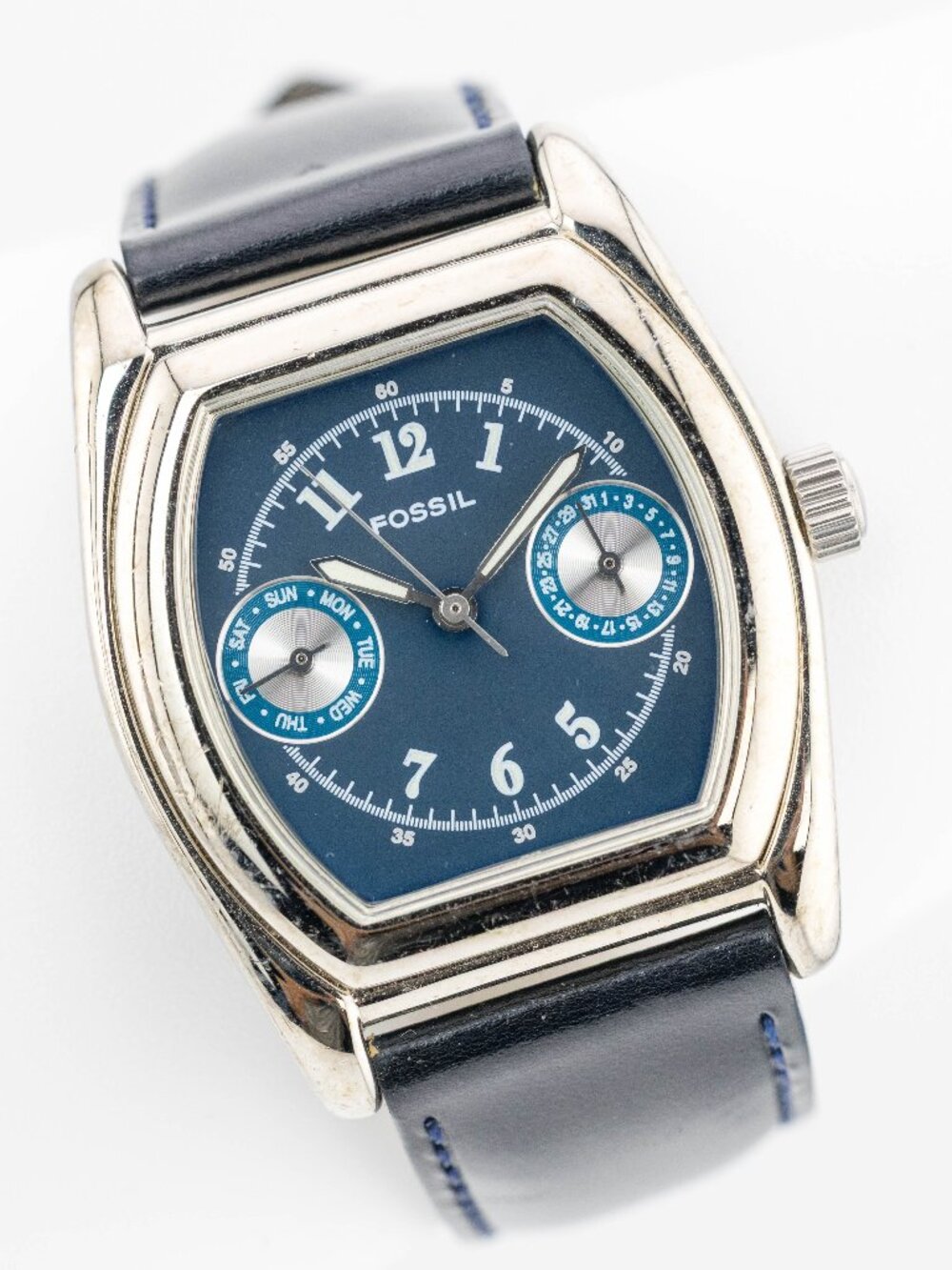 Fossil BQ-8761 Blue Dial Tonneau Quartz Analog Men's Watch New Battery